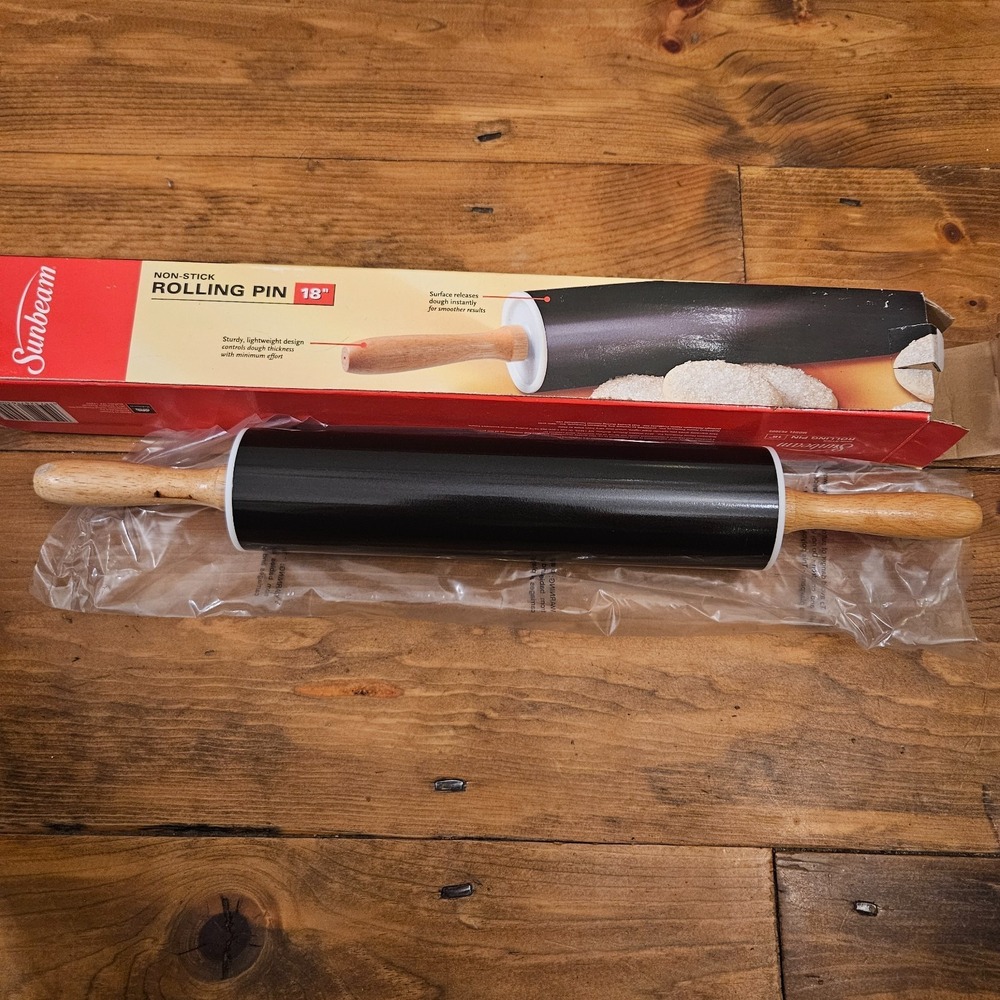 Sunbeam 18" Non-Stick Rolling Pin Black Wood Handles New Open Box Baking